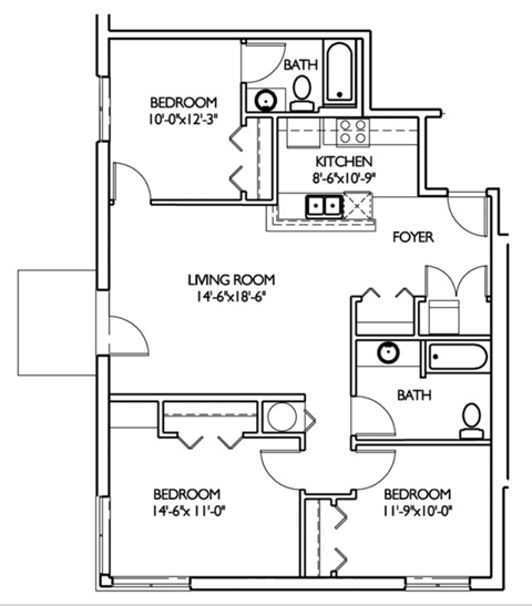 Floor plan for 3 beds, 2 baths, 1100 sqft